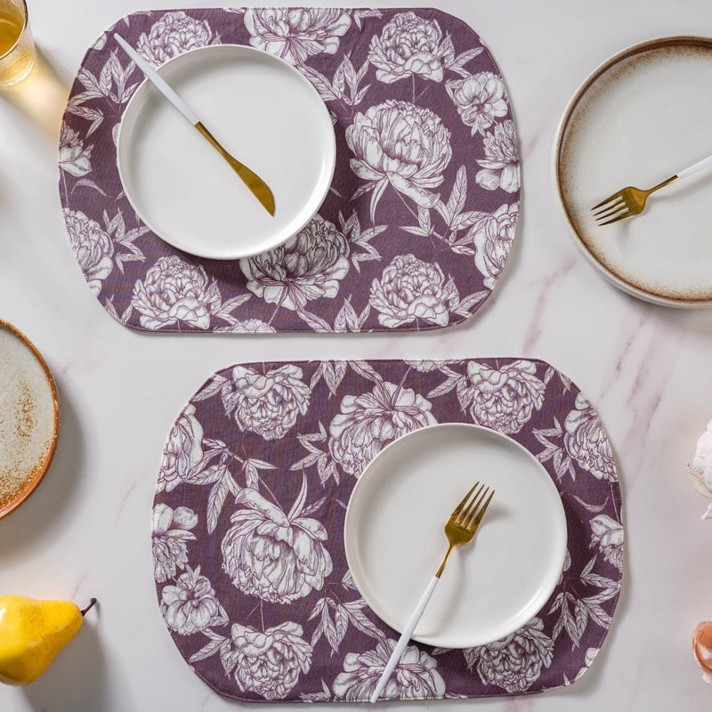 Baroque Peony Printed Cotton Table Mat Maroon Set Of 2