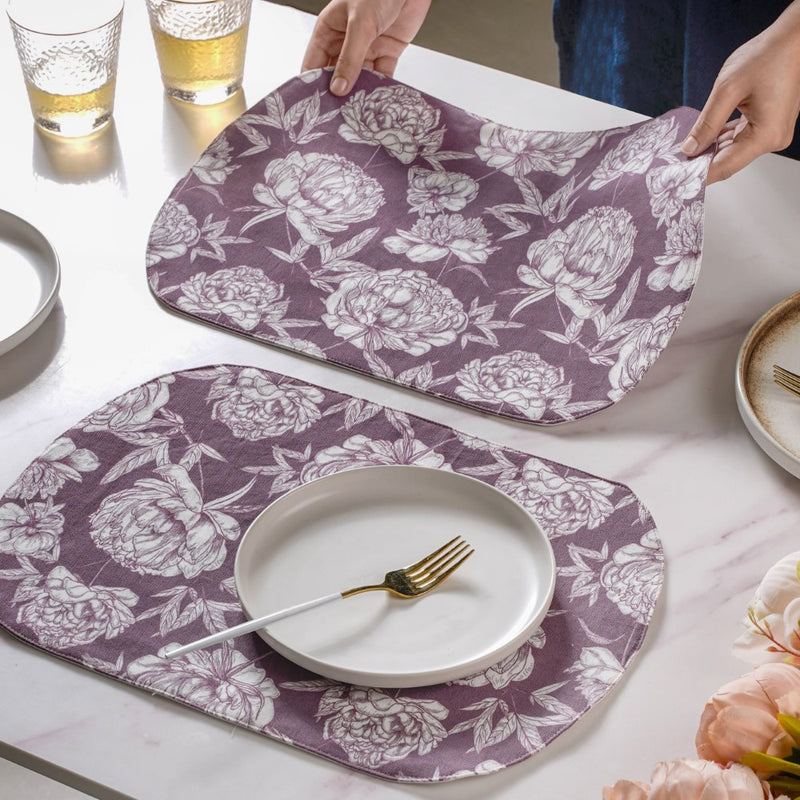 Baroque Peony Printed Cotton Table Mat Maroon Set Of 2