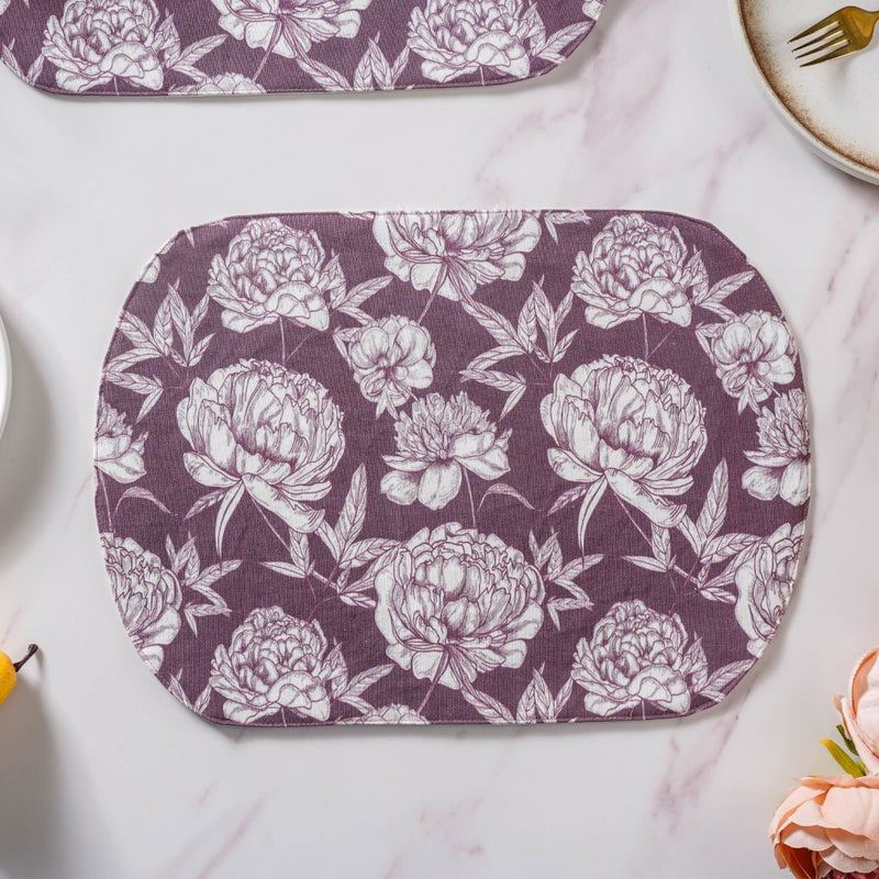 Baroque Peony Printed Cotton Table Mat Maroon Set Of 2