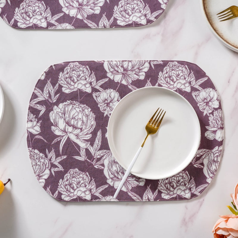 Baroque Peony Printed Cotton Table Mat Maroon Set Of 2