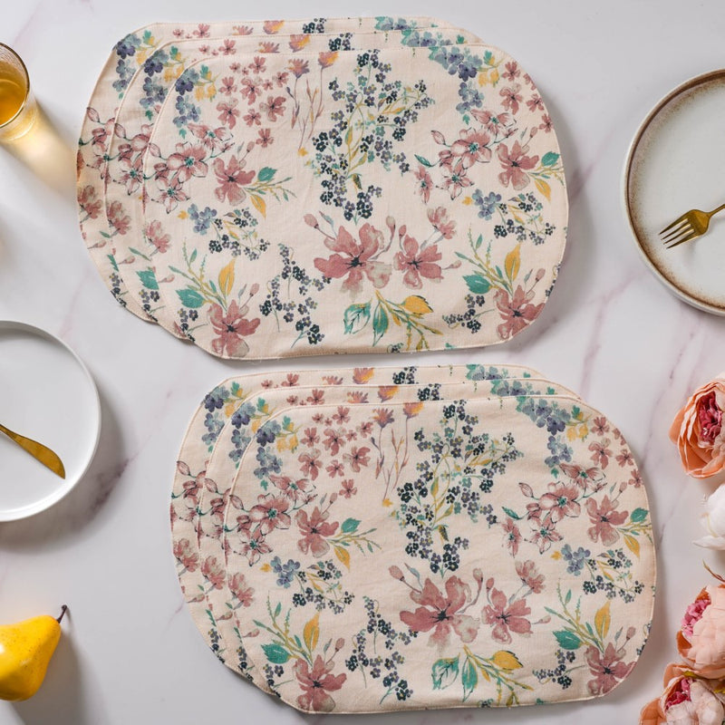Dainty Florals Cotton Printed Table Mat Beige Set Of 6