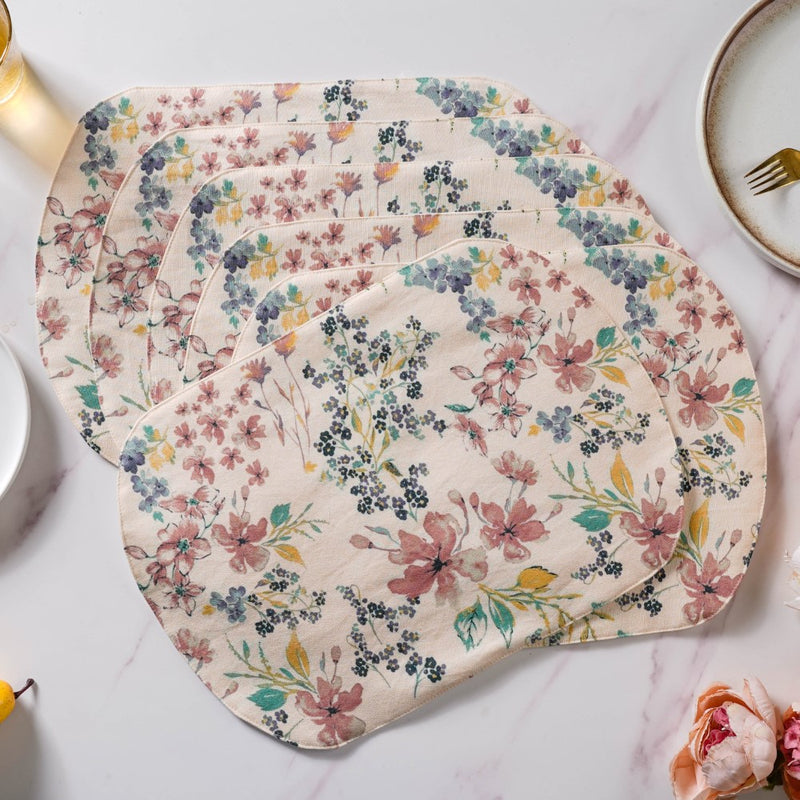 Dainty Florals Cotton Printed Table Mat Beige Set Of 6