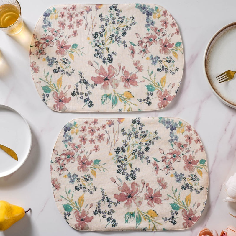 Dainty Florals Cotton Printed Table Mat Beige Set Of 2