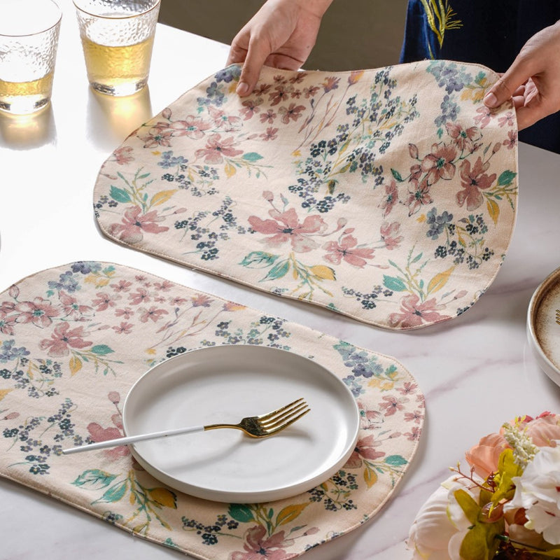 Dainty Florals Cotton Printed Table Mat Beige Set Of 2