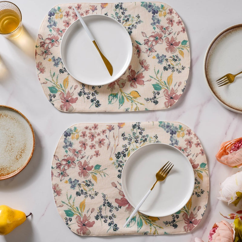 Dainty Florals Cotton Printed Table Mat Beige Set Of 2