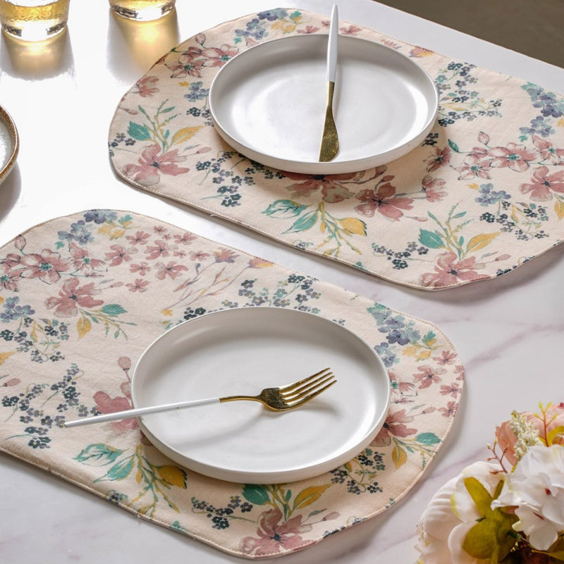 Dainty Florals Cotton Printed Table Mat Beige Set Of 2