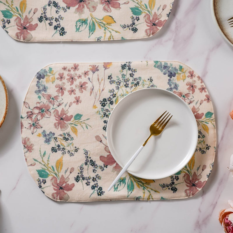 Dainty Florals Cotton Printed Table Mat Beige Set Of 2
