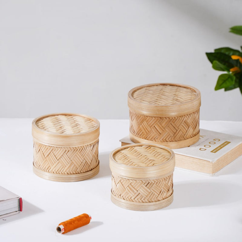 Hand Woven Round Bamboo Storage Basket Set of 3 - Basket | Organizer