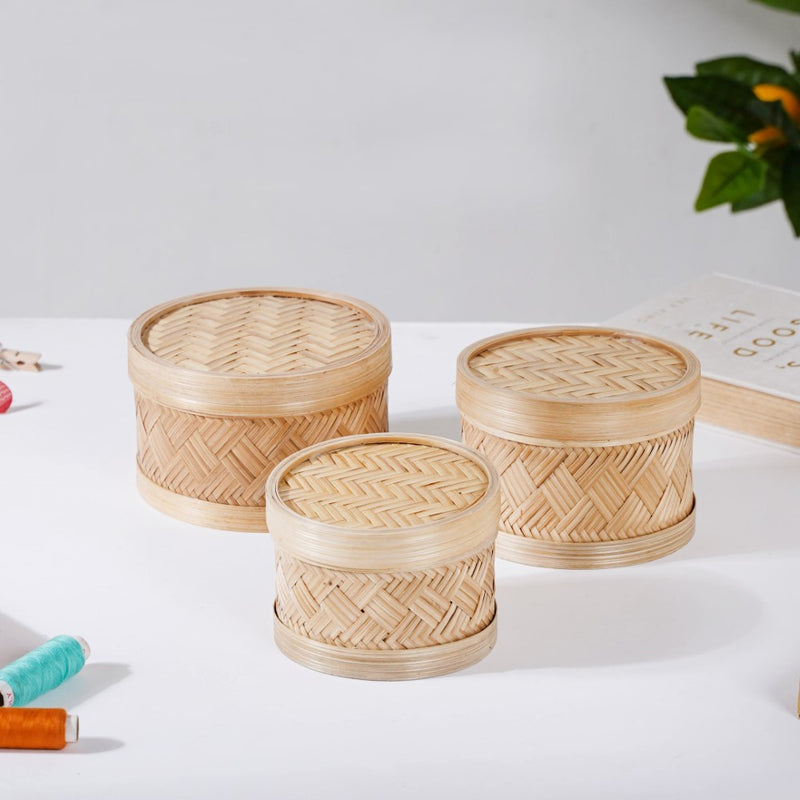 Hand Woven Round Bamboo Storage Basket Set of 3 - Basket | Organizer