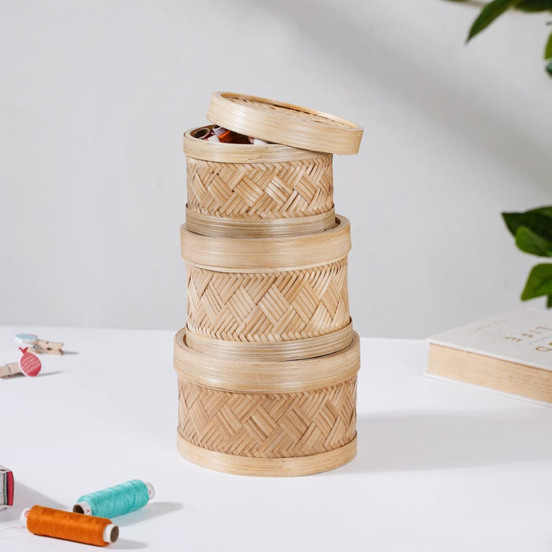 Hand Woven Round Bamboo Storage Basket Set of 3 - Basket | Organizer
