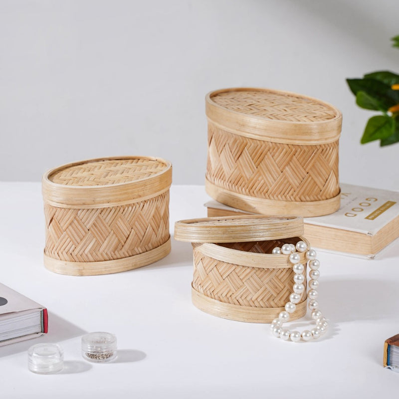 Hand Crafted Oval Bamboo Storage Basket Set of 3 - Basket | Organizer
