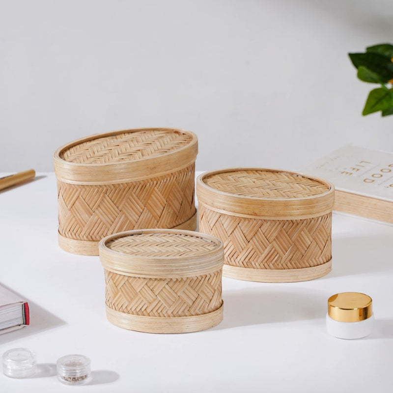 Hand Crafted Oval Bamboo Storage Basket Set of 3 - Basket | Organizer