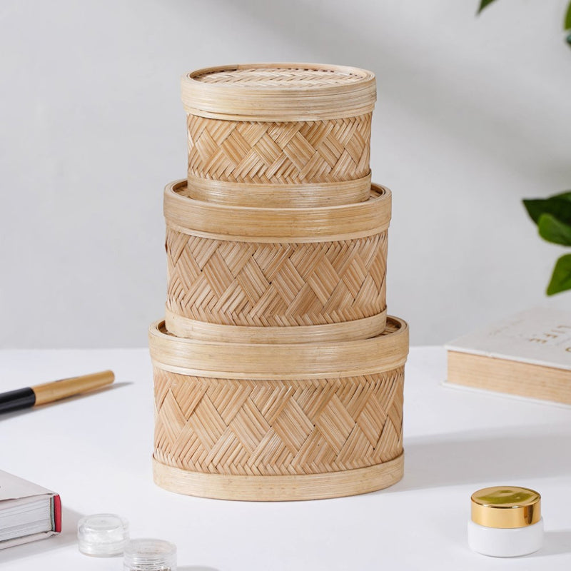 Hand Crafted Oval Bamboo Storage Basket Set of 3 - Basket | Organizer