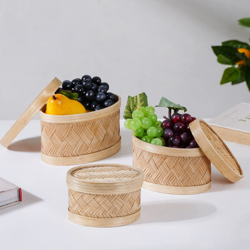 Hand Crafted Oval Bamboo Storage Basket Set of 3 - Basket | Organizer
