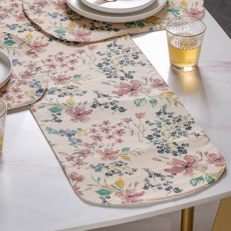 Dainty Florals Cotton Printed Table Runner Beige For 6 Seater Table