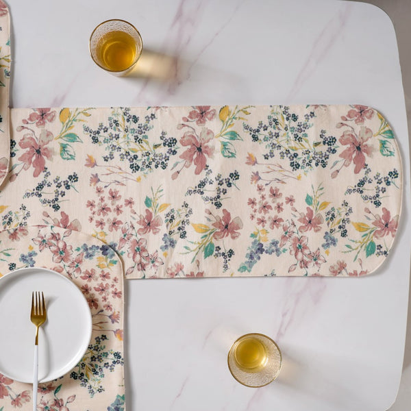 Dainty Florals Cotton Printed Table Runner Beige For 6 Seater Table