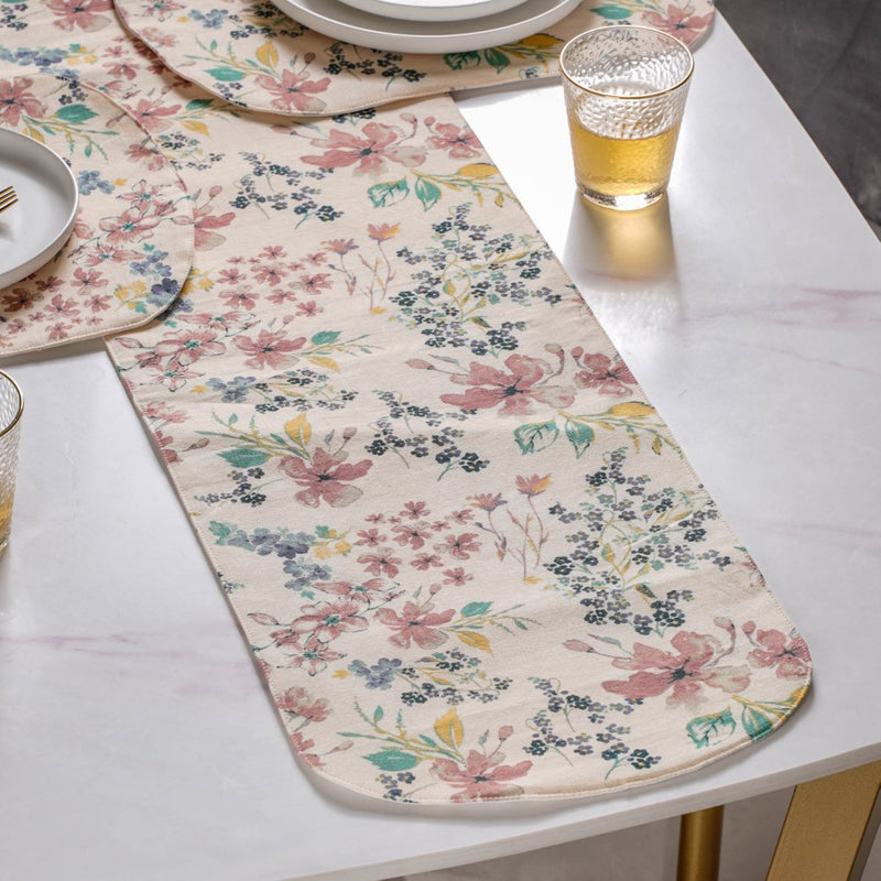 Dainty Florals Cotton Printed Table Runner Beige For 6 Seater Table