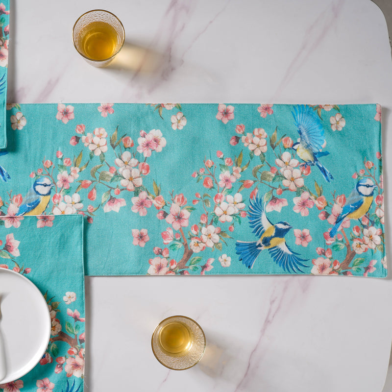 Birds And Blossoms Cotton Printed Table Runner Blue For 6 Seater Table