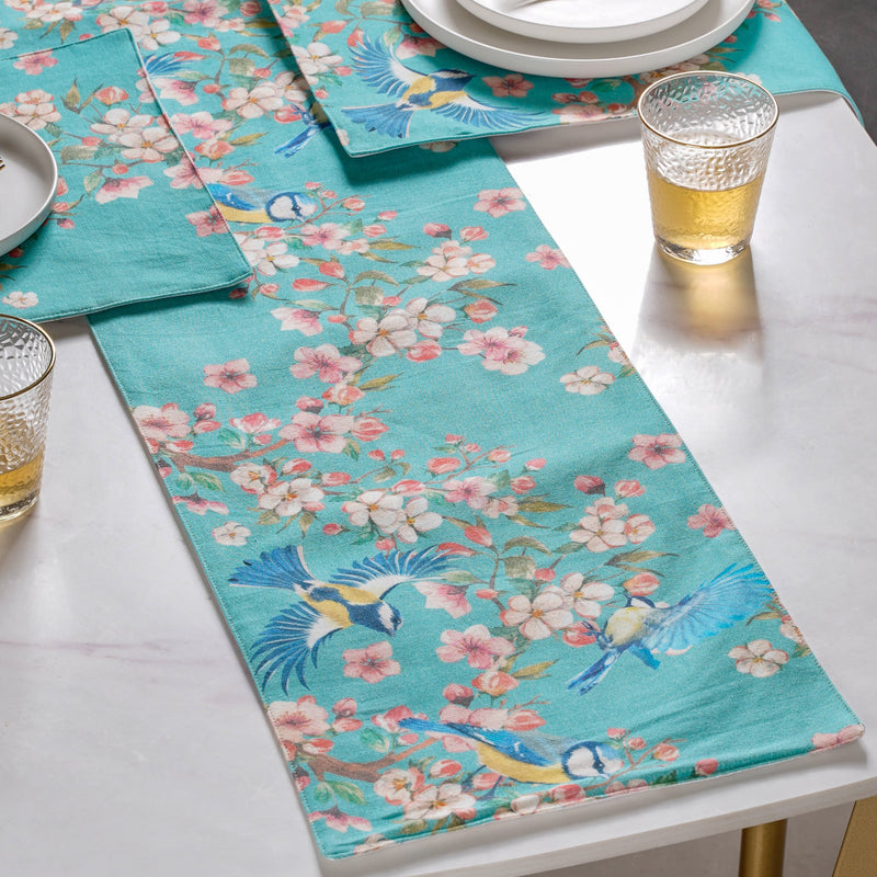Birds And Blossoms Cotton Printed Table Runner Blue For 6 Seater Table