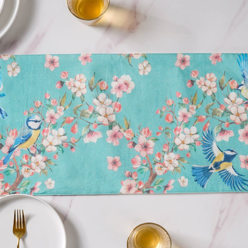 Birds And Blossoms Cotton Printed Table Runner Blue For 6 Seater Table