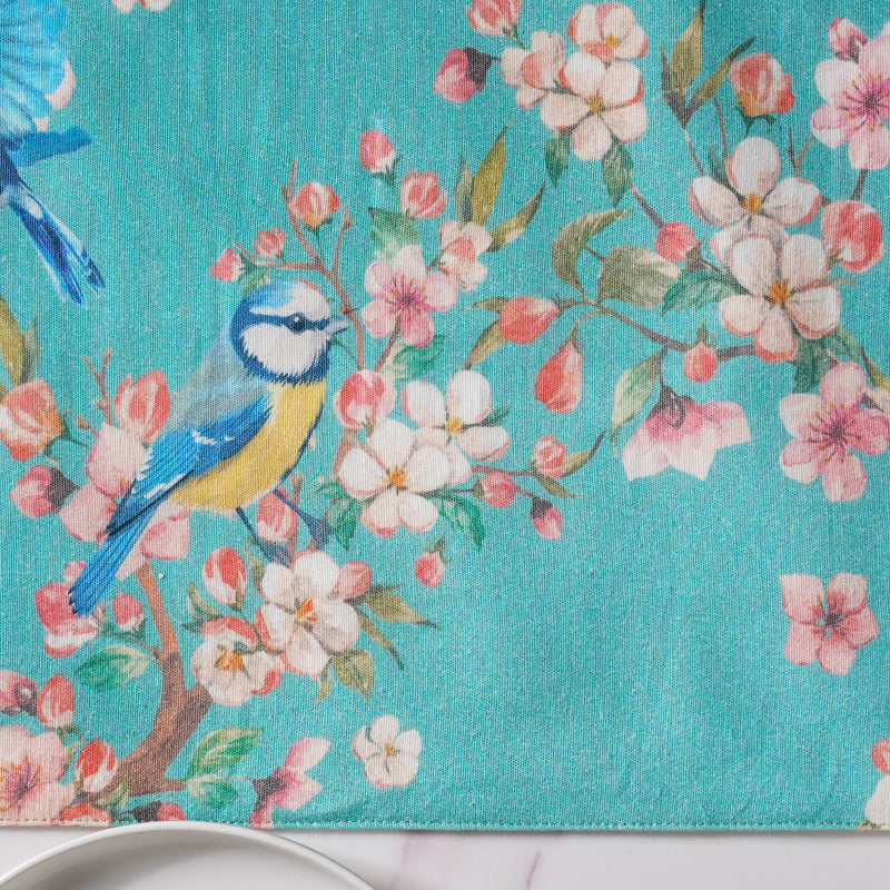 Birds And Blossoms Cotton Printed Table Runner Blue For 6 Seater Table