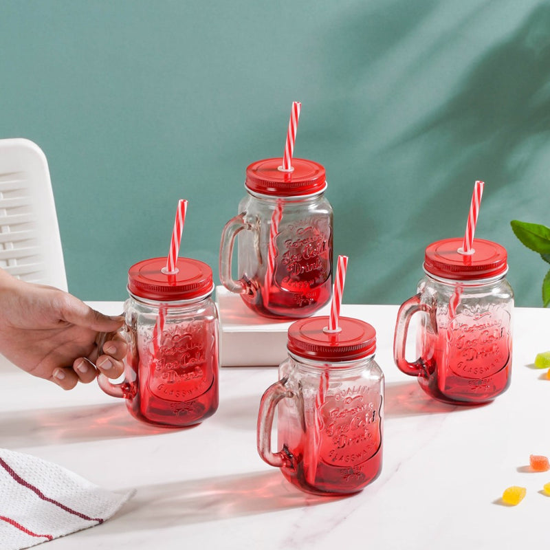 Tutti Frutti Glass Smoothie Jar Red with Lid and Straw Set of 4- Mug for coffee, tea mug, cappuccino mug | Cups and Mugs for Coffee Table & Home Decor