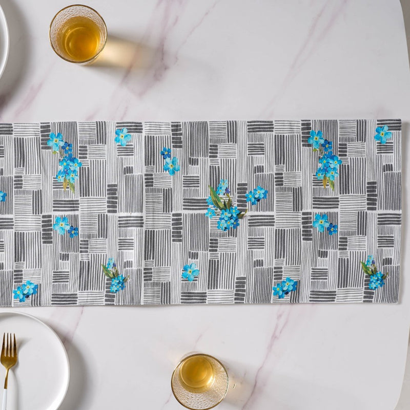 Bluebell Floral Dining Cotton Printed Table Runner Grey For 6 Seater Table