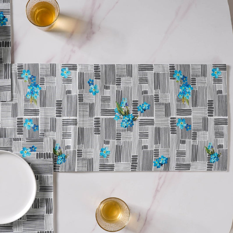 Bluebell Floral Dining Cotton Printed Table Runner Grey For 6 Seater Table