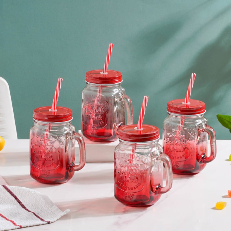 Tutti Frutti Glass Smoothie Jar Red with Lid and Straw Set of 4- Mug for coffee, tea mug, cappuccino mug | Cups and Mugs for Coffee Table & Home Decor