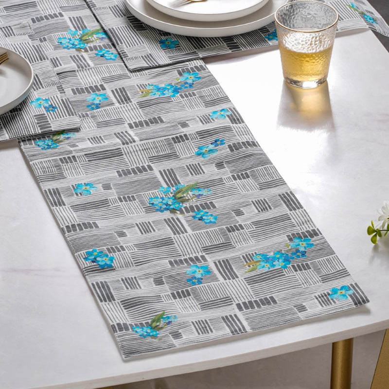 Bluebell Floral Dining Cotton Printed Table Runner Grey For 6 Seater Table
