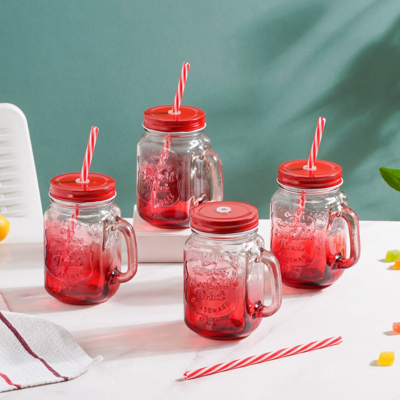 Tutti Frutti Glass Smoothie Jar Red with Lid and Straw Set of 4- Mug for coffee, tea mug, cappuccino mug | Cups and Mugs for Coffee Table & Home Decor