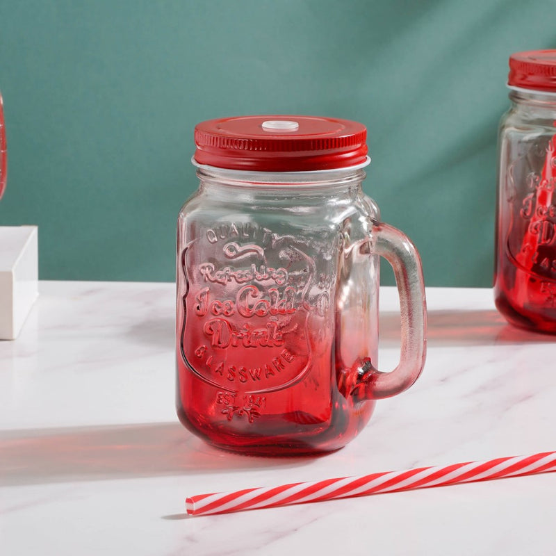 Tutti Frutti Glass Smoothie Jar Red with Lid and Straw Set of 4- Mug for coffee, tea mug, cappuccino mug | Cups and Mugs for Coffee Table & Home Decor