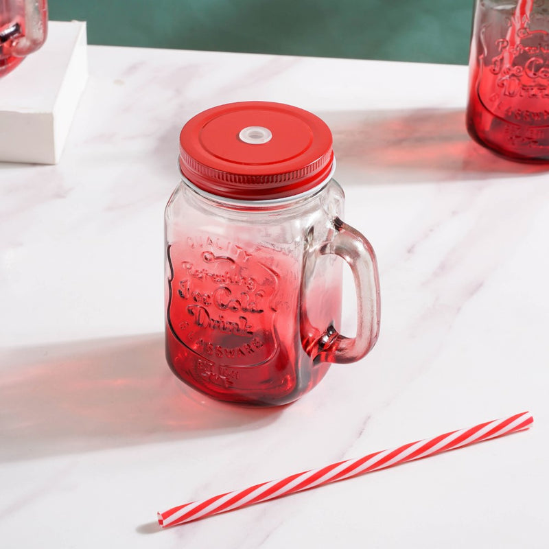 Tutti Frutti Glass Smoothie Jar Red with Lid and Straw Set of 4- Mug for coffee, tea mug, cappuccino mug | Cups and Mugs for Coffee Table & Home Decor