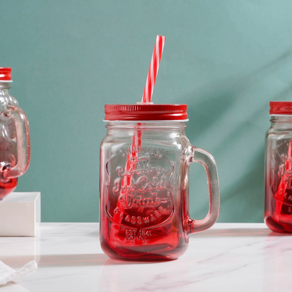 Tutti Frutti Glass Smoothie Jar Red with Lid and Straw Set of 4