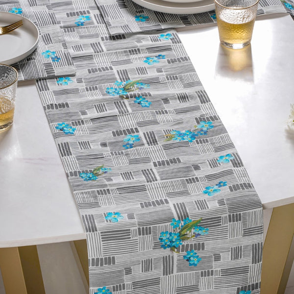 Bluebell Floral Dining Cotton Printed Table Runner Grey For 6 Seater Table