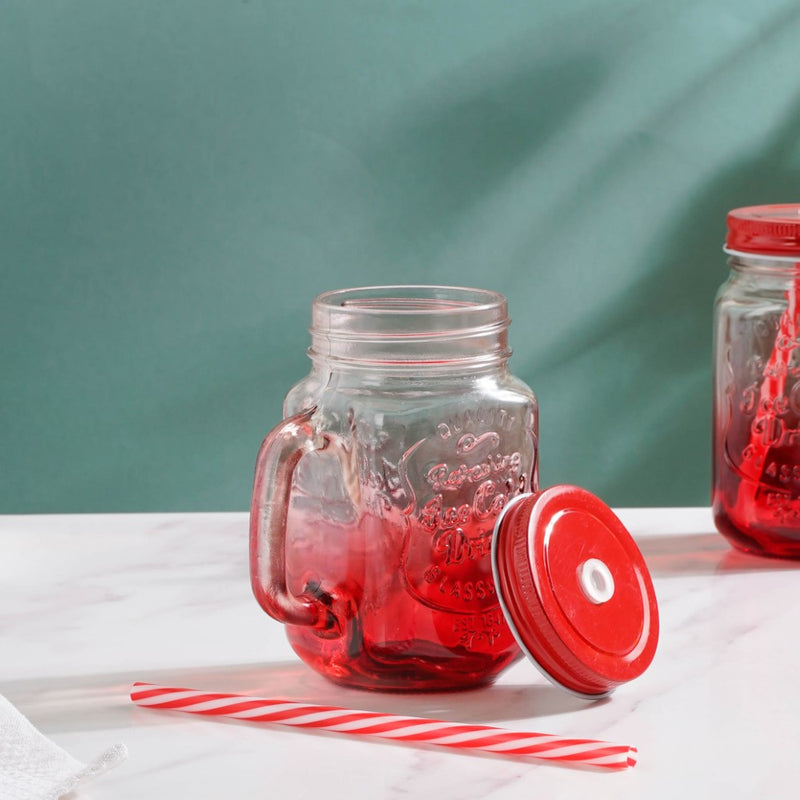 Tutti Frutti Glass Smoothie Jar Red with Lid and Straw Set of 4- Mug for coffee, tea mug, cappuccino mug | Cups and Mugs for Coffee Table & Home Decor