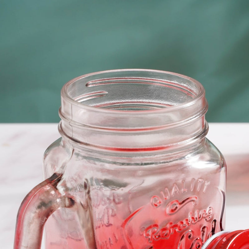 Tutti Frutti Glass Smoothie Jar Red with Lid and Straw Set of 4- Mug for coffee, tea mug, cappuccino mug | Cups and Mugs for Coffee Table & Home Decor