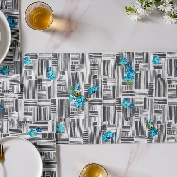 Bluebell Floral Dining Cotton Printed Table Runner Grey For 6 Seater Table