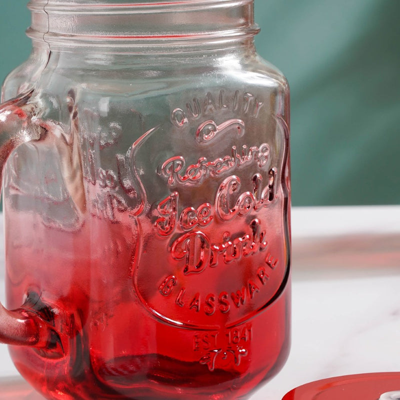 Tutti Frutti Glass Smoothie Jar Red with Lid and Straw Set of 4- Mug for coffee, tea mug, cappuccino mug | Cups and Mugs for Coffee Table & Home Decor