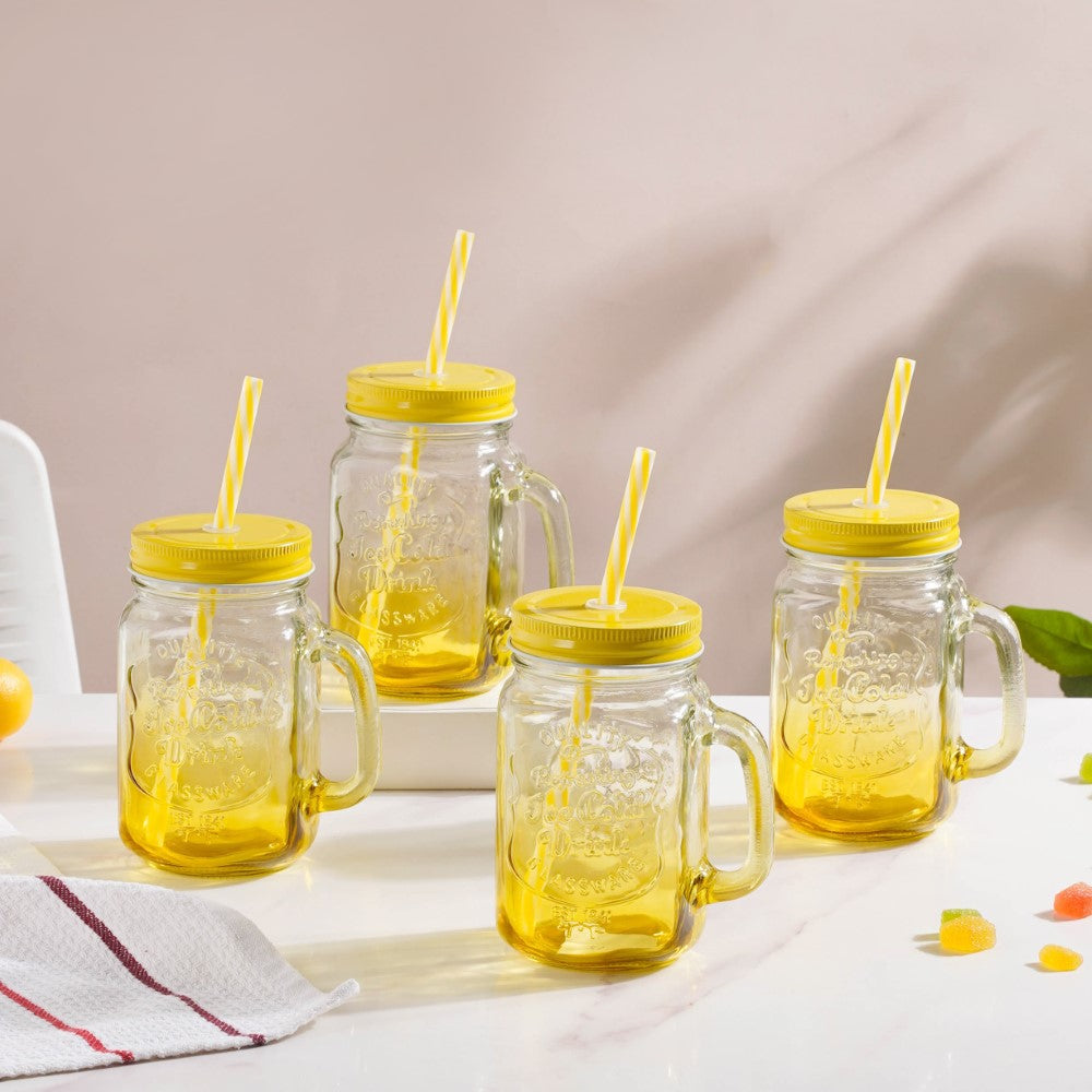 Mason Glass Jar Mug With Straw and Handle 450ml (Yellow)