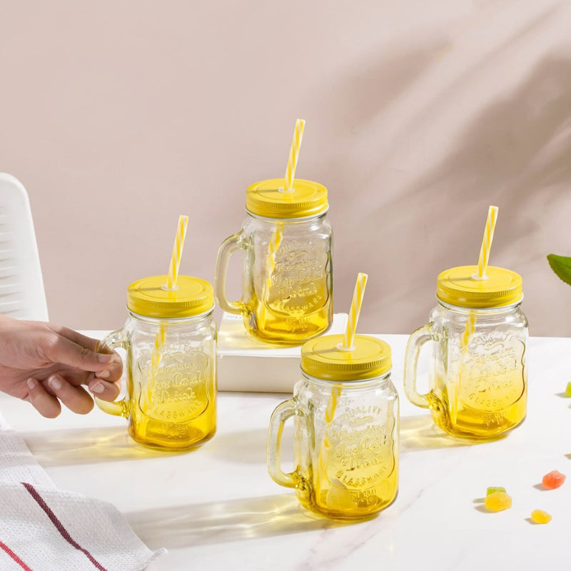Tutti Frutti Glass Jar Yellow with Lid and Straw Set of 4