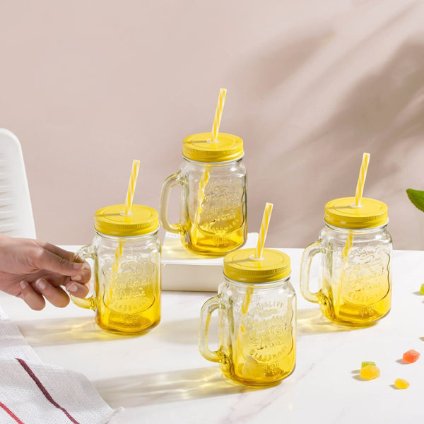 Pineapple-Shaped Mason Jar Mug Glasses with Handles, Straws & Lids, Set of  6