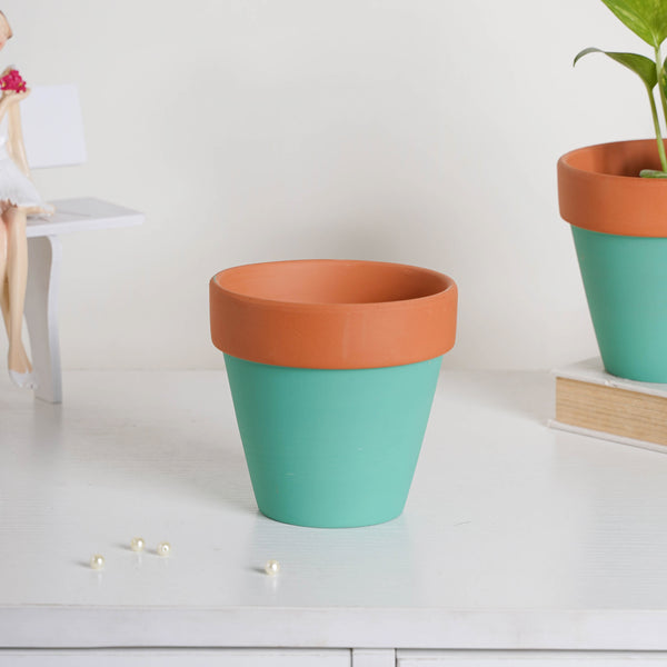 Brown Rim Green Clay Pot Set Of 2 - Indoor planters and flower pots | Home decor items