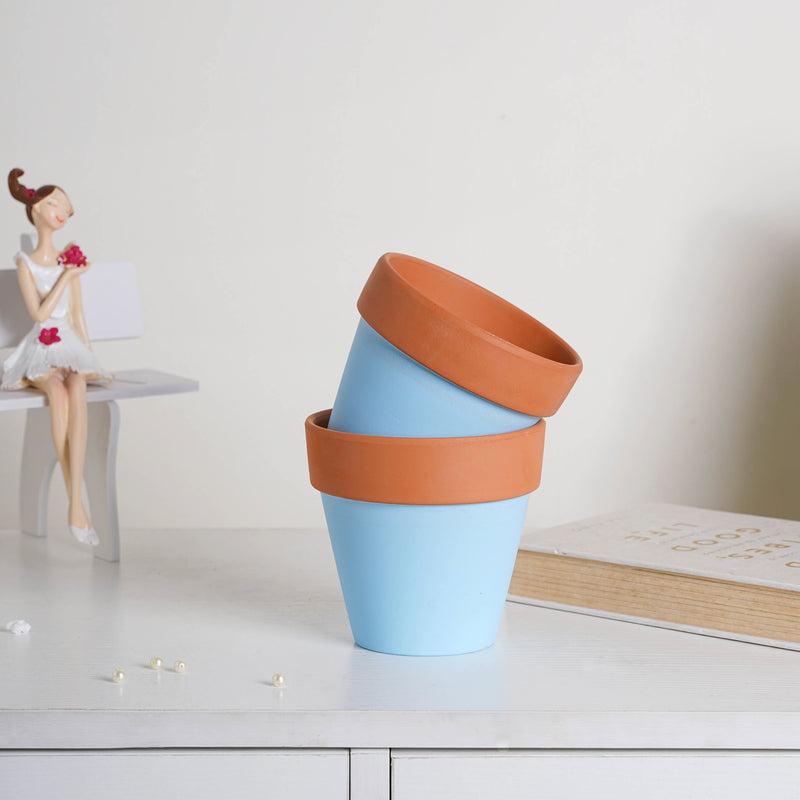 Brown Rim Sky Blue Clay Pot Set Of 2 - Indoor planters and flower pots | Home decor items