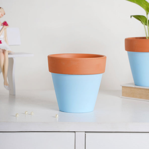 Brown Rim Sky Blue Clay Pot Set Of 2 - Indoor planters and flower pots | Home decor items