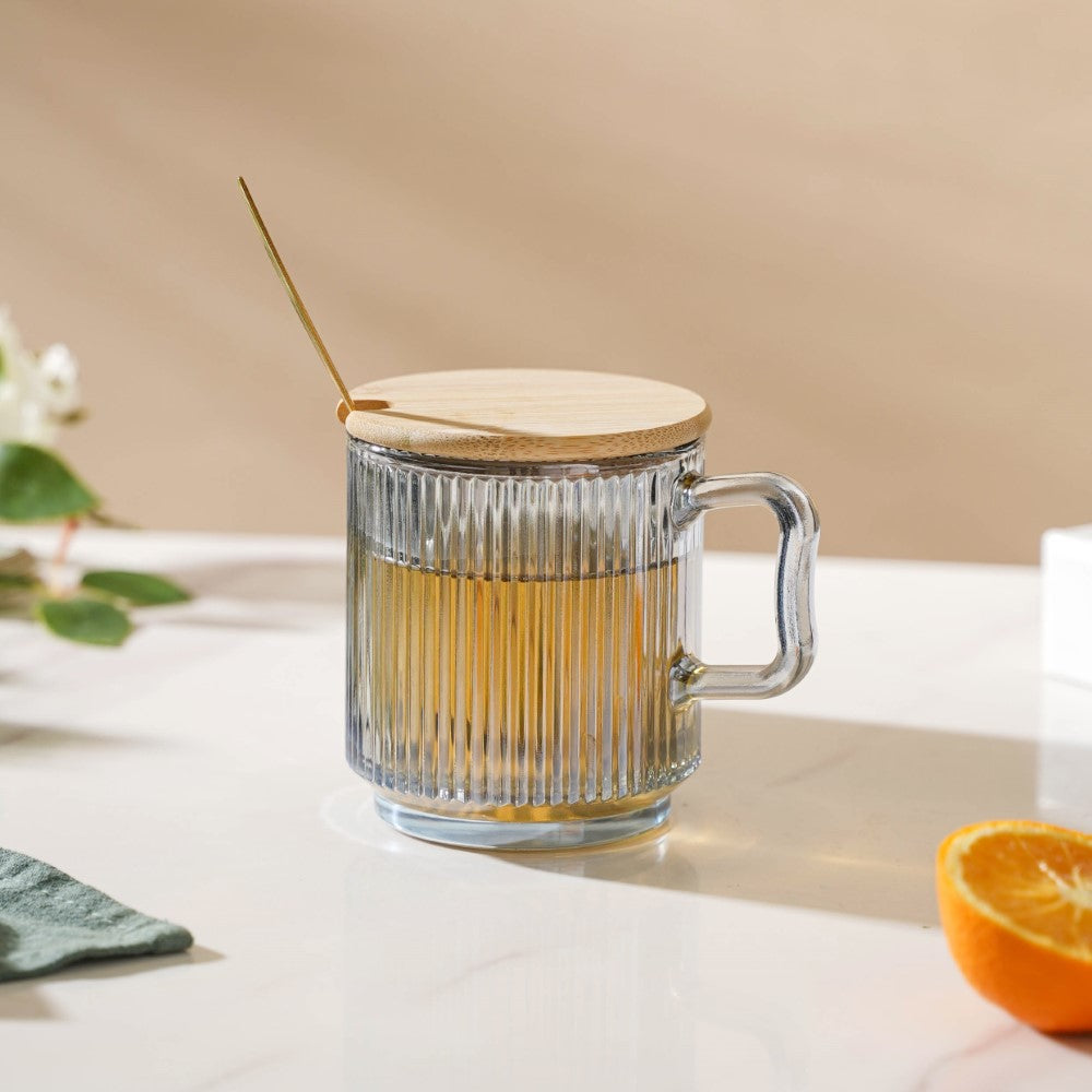 Aurora Transparent Glass Mug With Lid And Spoon Set Of 2 350 ml