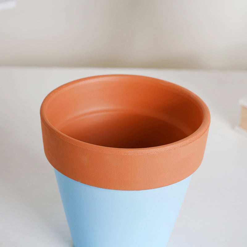 Brown Rim Sky Blue Clay Pot Set Of 2 - Indoor planters and flower pots | Home decor items