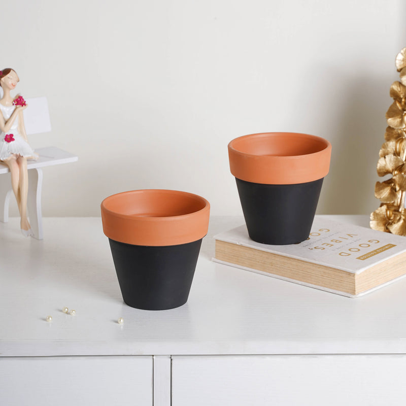 Brown Rim Black Clay Pot Set Of 2 - Indoor planters and flower pots | Home decor items