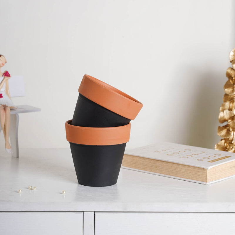Brown Rim Black Clay Pot Set Of 2 - Indoor planters and flower pots | Home decor items