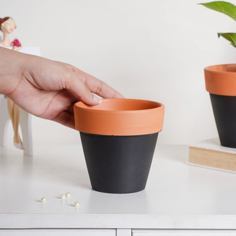 Brown Rim Black Clay Pot Set Of 2 - Indoor planters and flower pots | Home decor items